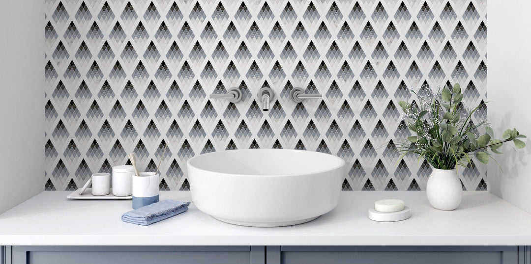 Thassos White Nero Marquina Bardiglio Marble Triangle Polished Mosaic Tile - TILE & MOSAIC DEPOT