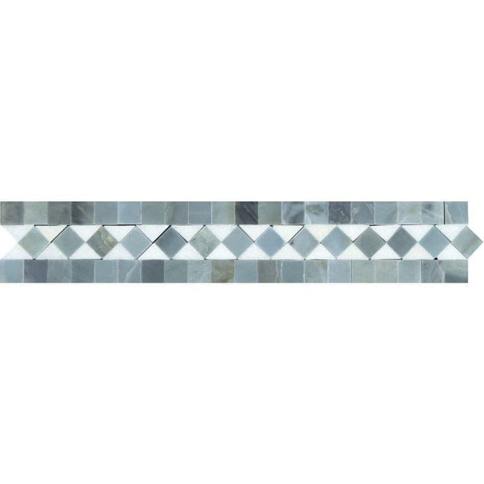 2 x 12 Honed Thassos White Marble BIAS Border w/ Blue-Gray Dots.