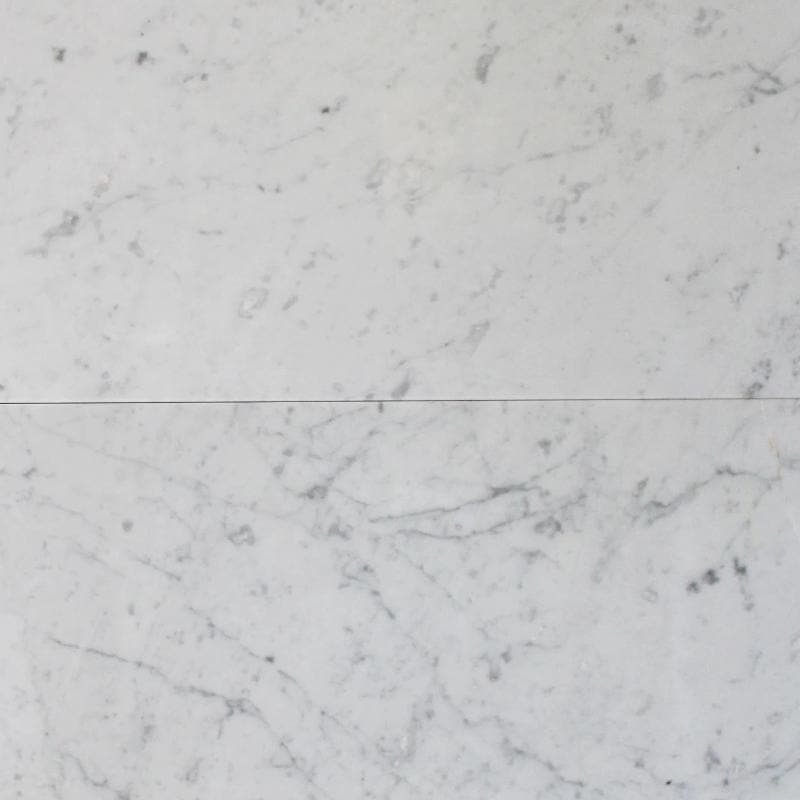 White Carrara marble 12x24 polished natural stone tile with gray veining, ideal for elegant flooring or backsplash design.