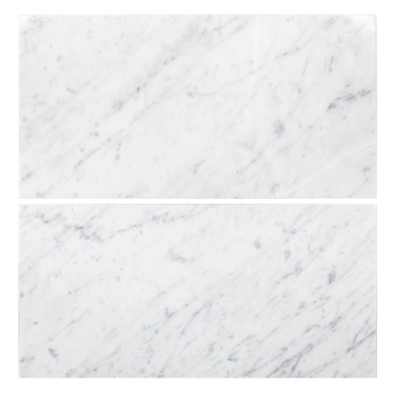 White Carrara marble 12x24 polished natural stone tile with gray veining, suitable for flooring and wall applications.