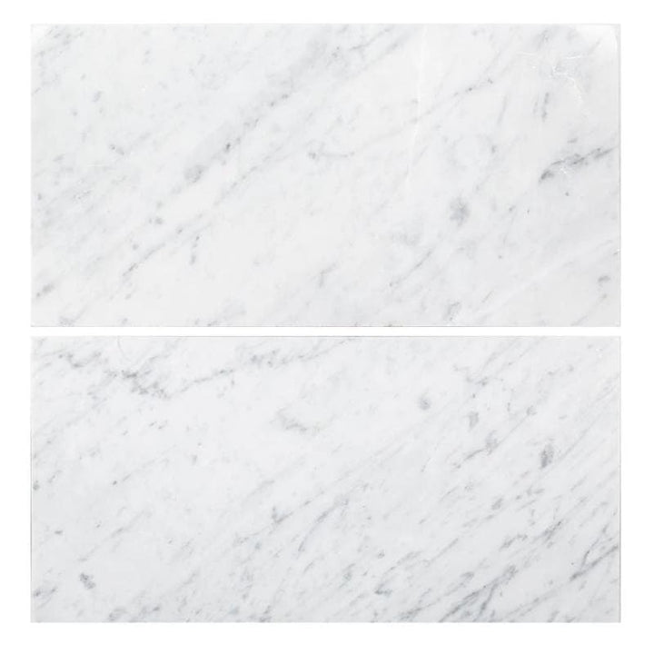 White Carrara marble 12x24 polished natural stone tile with gray veining, suitable for flooring and wall applications.