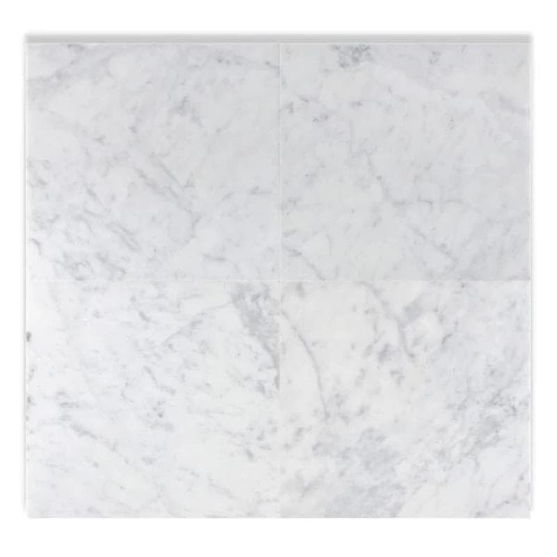 White Carrara marble 18x18 honed natural stone tile with gray veining from TILE AND MOSAIC DEPOT, showing polished surface and square shape.