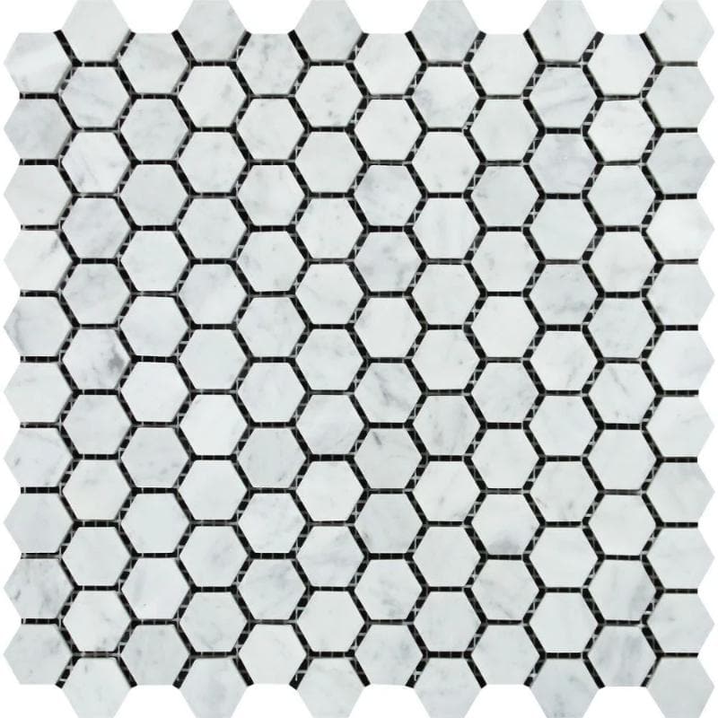 White Carrara Marble 1x1 Hexagon Honed Mosaic Tile - TILE AND MOSAIC DEPOT