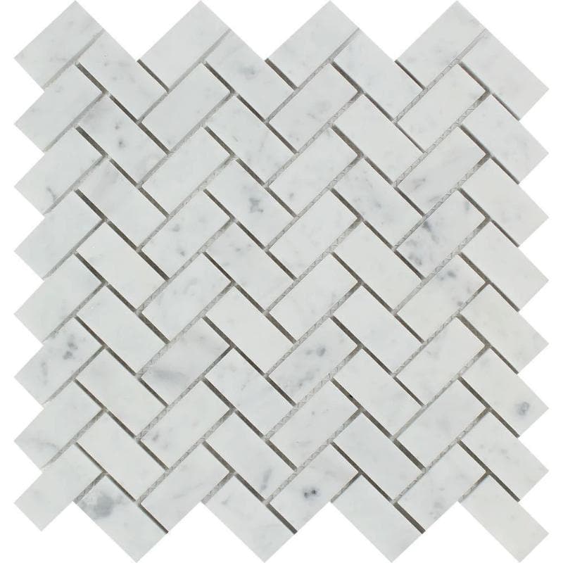 White Carrara Marble 1x2 Herringbone Polished Mosaic Tile - TILE AND MOSAIC DEPOT