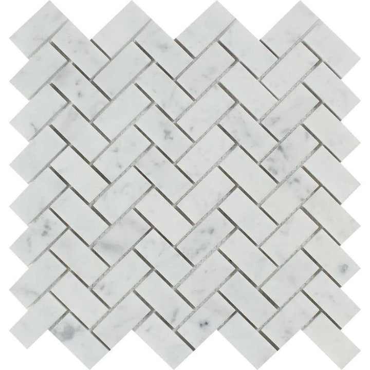White Carrara Marble 1x2 Herringbone Polished Mosaic Tile - TILE AND MOSAIC DEPOT