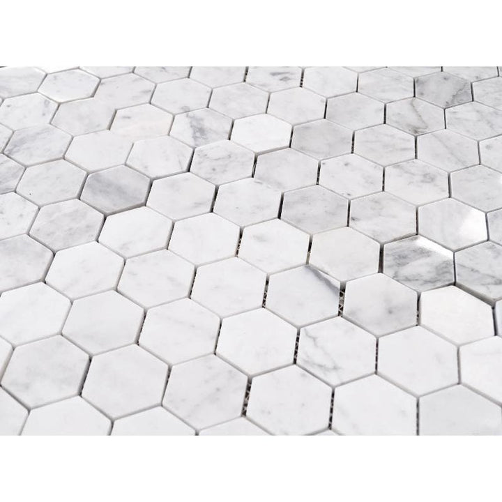 White Carrara Marble 2x2 Hexagon Polished Mosaic Tile - TILE AND MOSAIC DEPOT
