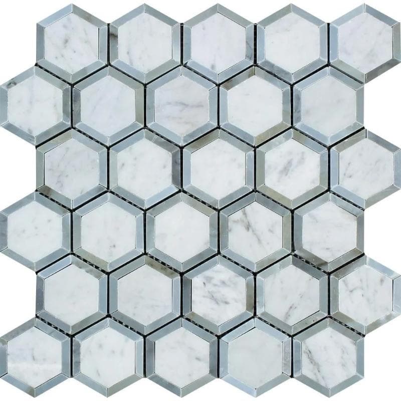 White Carrara Marble 2x2 Hexagon with Blue Honed Mosaic Tile - TILE AND MOSAIC DEPOT