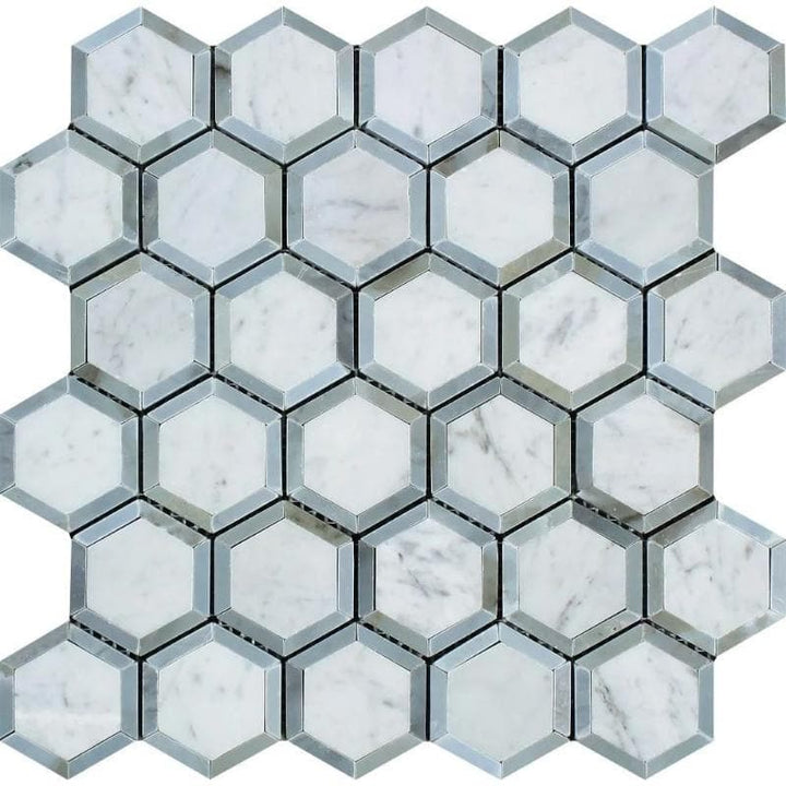 White Carrara Marble 2x2 Hexagon with Blue Honed Mosaic Tile - TILE AND MOSAIC DEPOT