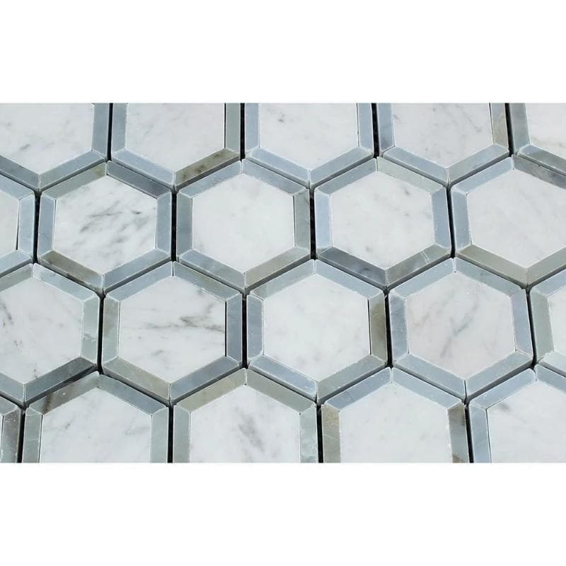 White Carrara Marble 2x2 Hexagon with Blue Honed Mosaic Tile - TILE AND MOSAIC DEPOT
