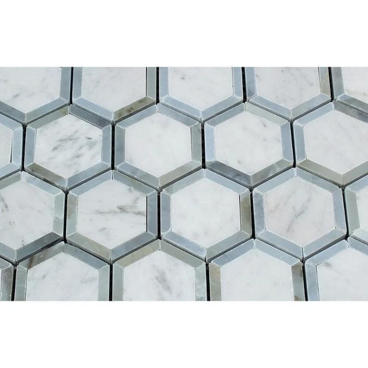 White Carrara Marble 2x2 Hexagon with Blue Honed Mosaic Tile - TILE AND MOSAIC DEPOT