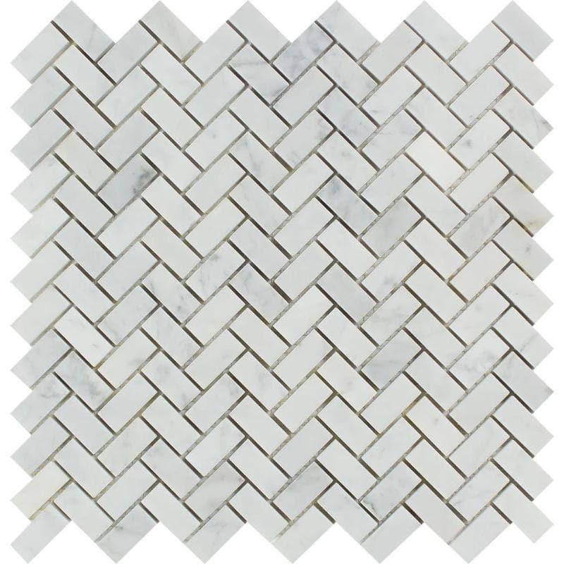 White Carrara Marble 5/8x1 1/4 Herringbone Polished Mosaic Tile - TILE AND MOSAIC DEPOT