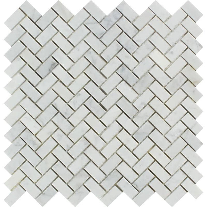 White Carrara Marble 5/8x1 1/4 Herringbone Polished Mosaic Tile - TILE AND MOSAIC DEPOT