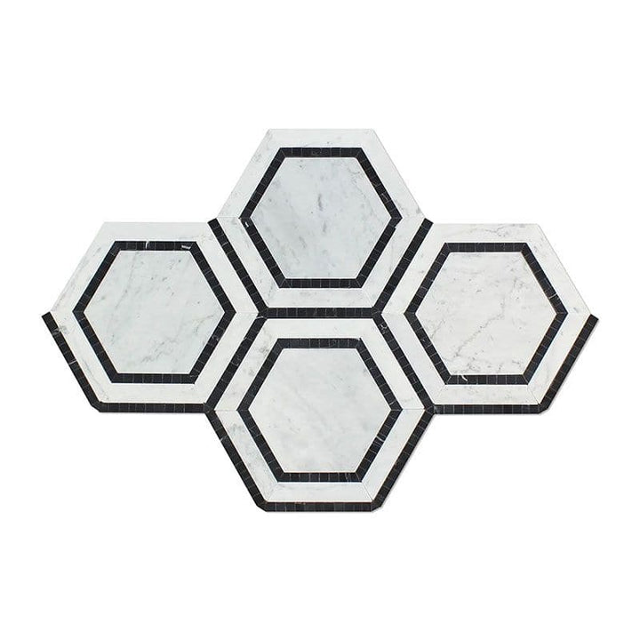 White Carrara Marble 5x5 Hexagon with Black Honed Mosaic Tile - TILE AND MOSAIC DEPOT