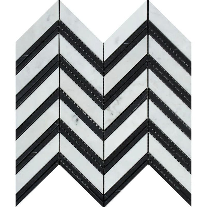 White Carrara Marble Chevron with Black Strips Honed Mosaic Tile - TILE AND MOSAIC DEPOT