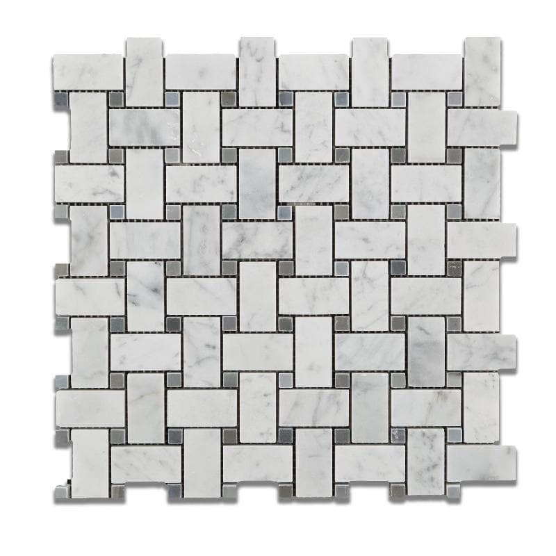 White Carrara Marble Honed Basketweave w/Gray Dots Mosaic Tile - TILE AND MOSAIC DEPOT