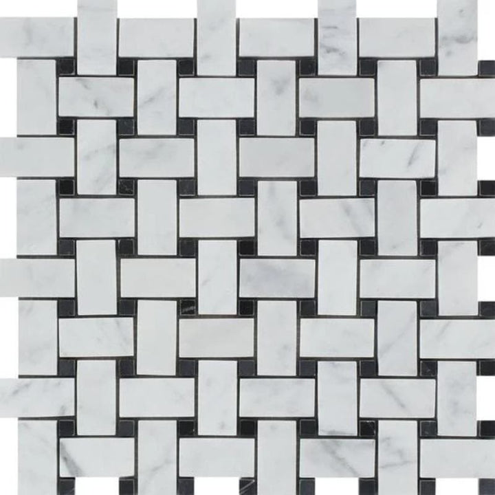 White Carrara Marble Honed Basketweave with Black Dots Mosaic Tile - TILE AND MOSAIC DEPOT