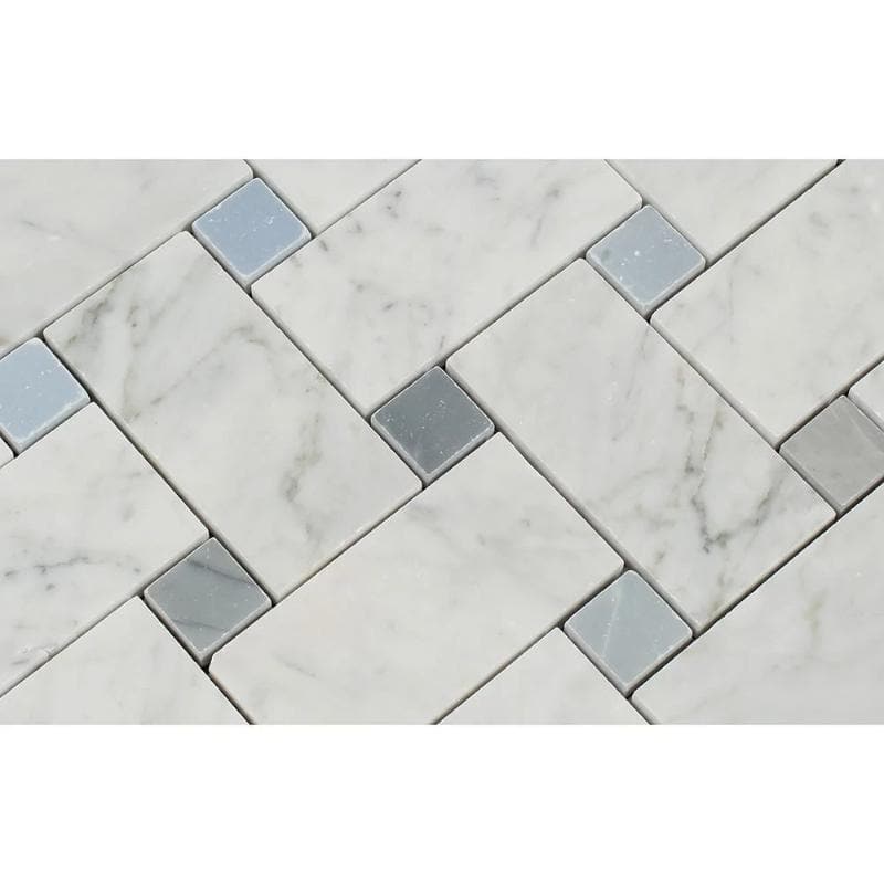 White Carrara Marble Large Basketweave with Blue Dots Polished Mosaic Tile - TILE AND MOSAIC DEPOT