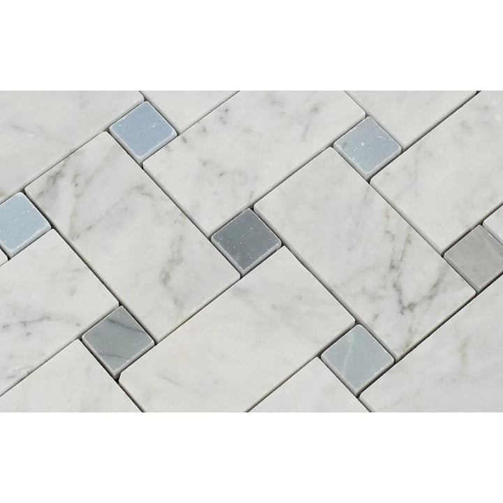 White Carrara Marble Large Basketweave with Blue Dots Polished Mosaic Tile - TILE AND MOSAIC DEPOT