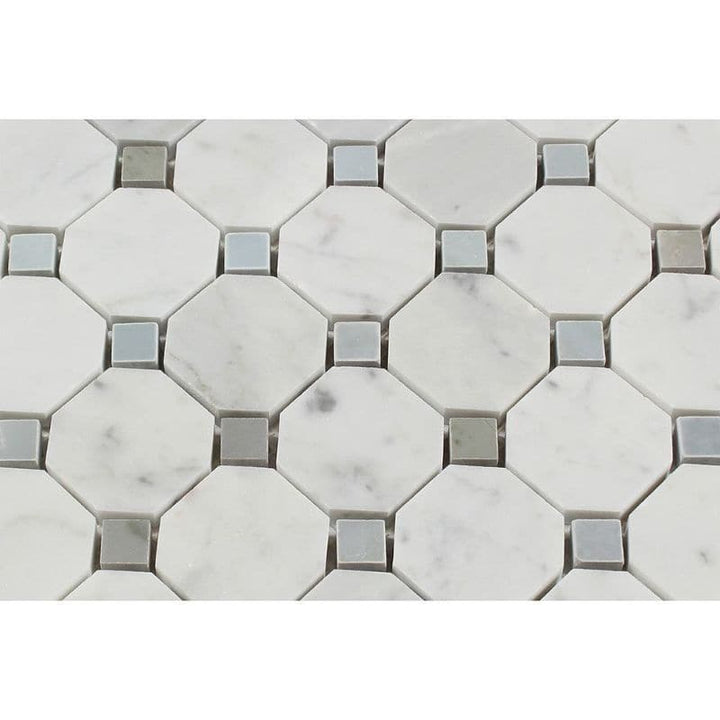 White Carrara Marble Octagon with Blue Dots Honed Mosaic Tile - TILE AND MOSAIC DEPOT