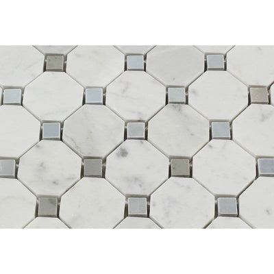 White Carrara Marble Octagon with Blue Dots Honed Mosaic Tile - TILE AND MOSAIC DEPOT