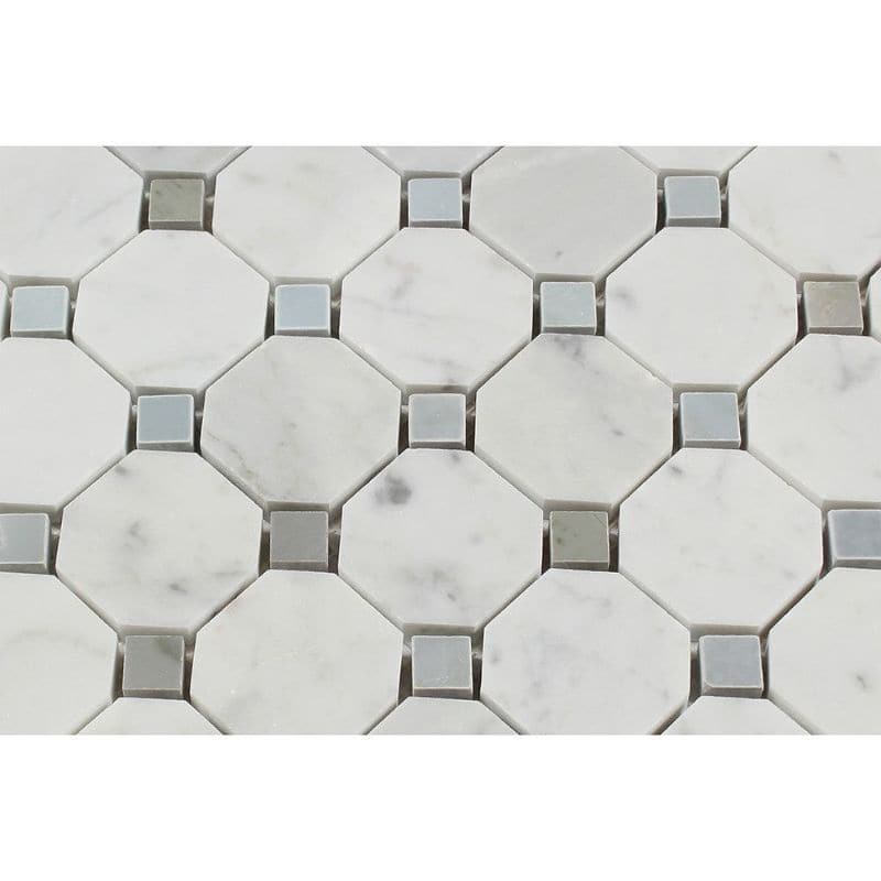 White Carrara Marble Octagon with Blue Dots Polished Mosaic Tile - TILE AND MOSAIC DEPOT