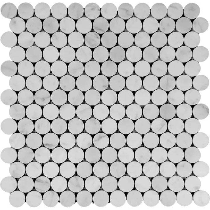 White Carrara Marble Penny Round Honed Mosaic Tile - TILE AND MOSAIC DEPOT