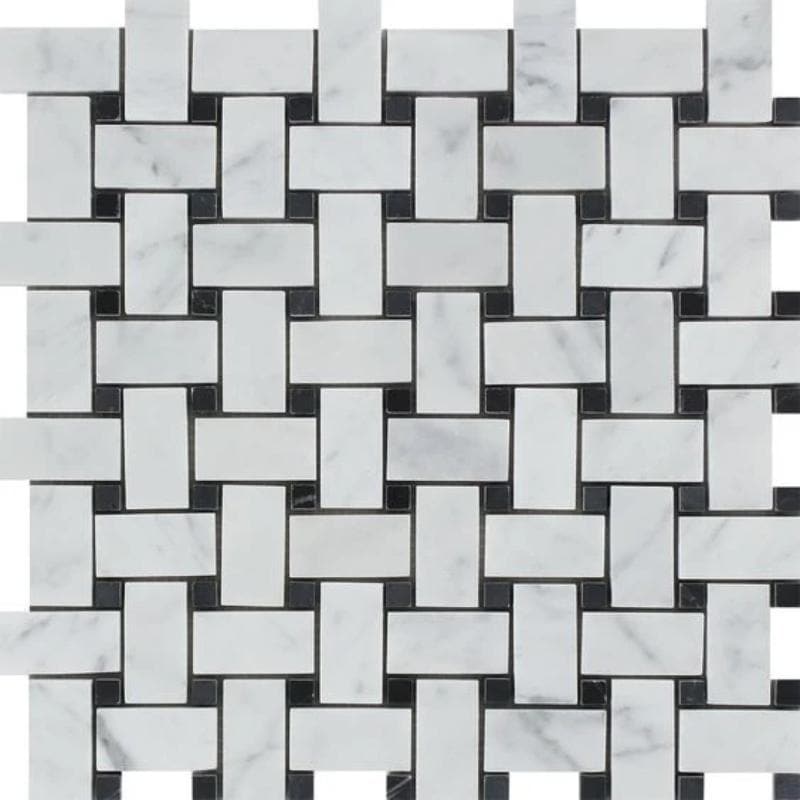 White Carrara Marble Polished Basketweave with Black Dots Mosaic Tile - TILE AND MOSAIC DEPOT