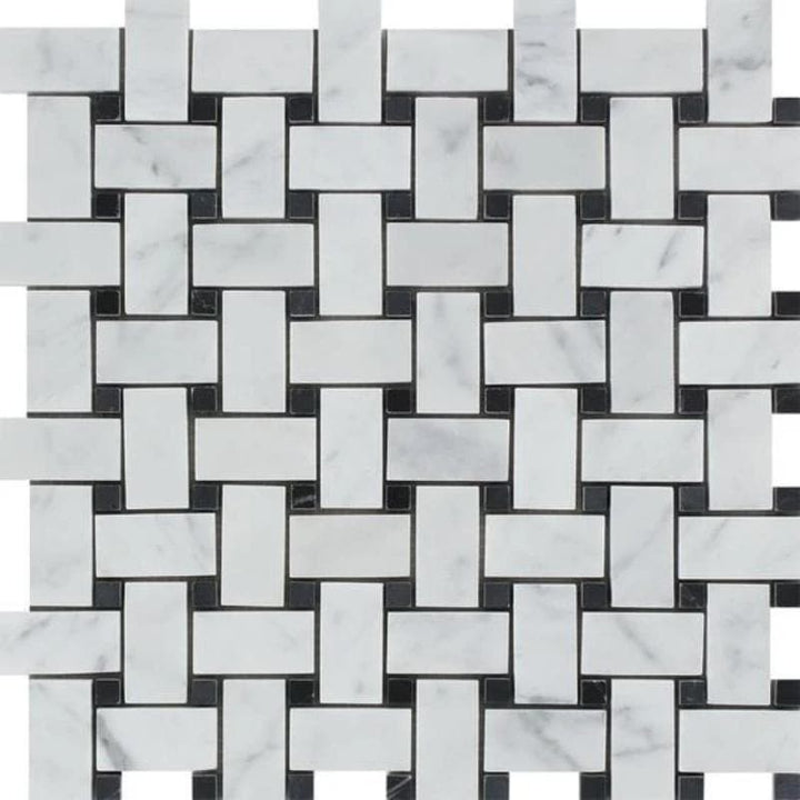 White Carrara Marble Polished Basketweave with Black Dots Mosaic Tile - TILE AND MOSAIC DEPOT