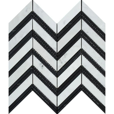 White Carrara Marble Chevron with Black Strips Polished Mosaic Tile - TILE AND MOSAIC DEPOT