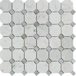 White Carrara Marble Octagon with Blue Dots Honed Mosaic Tile - TILE AND MOSAIC DEPOT